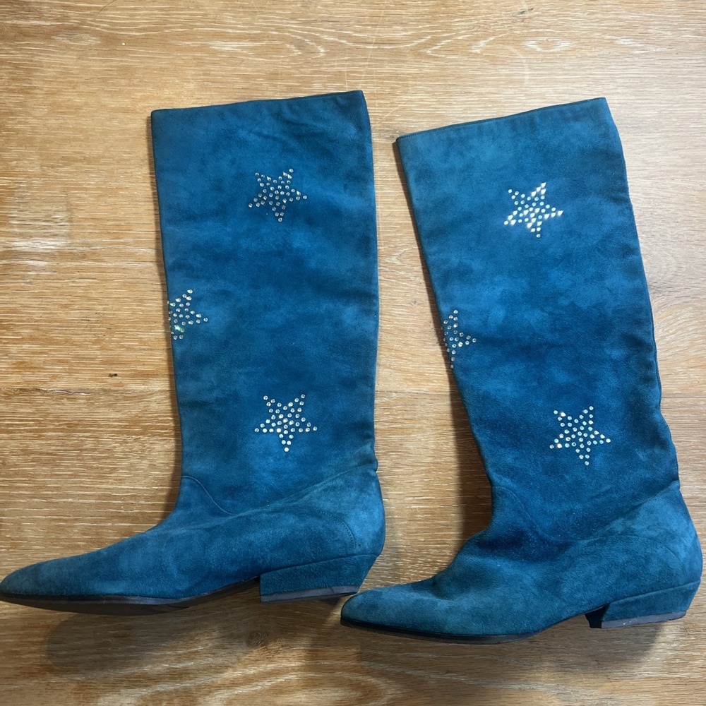 Vtg 90s Teal Suede Boots‎ Made In Italy Womans Sz 5 Rhinestone Star